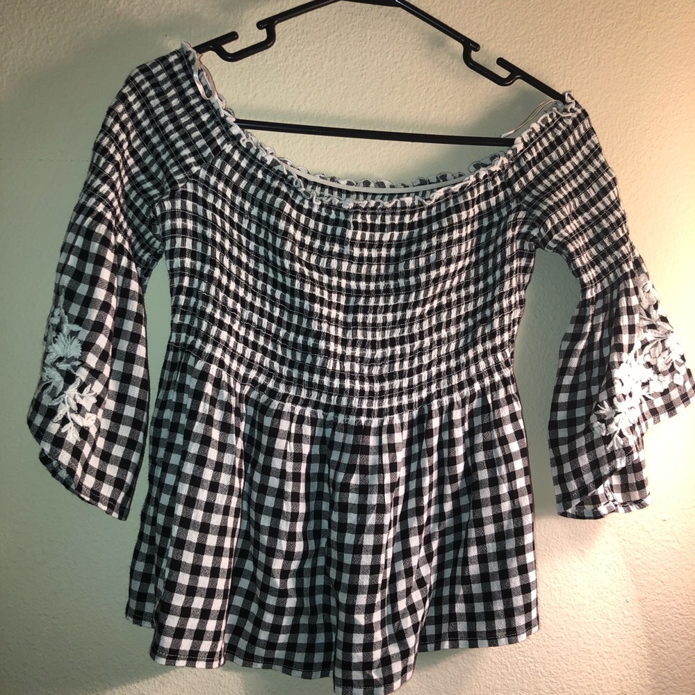 Checkered off the shoulder top with floral design